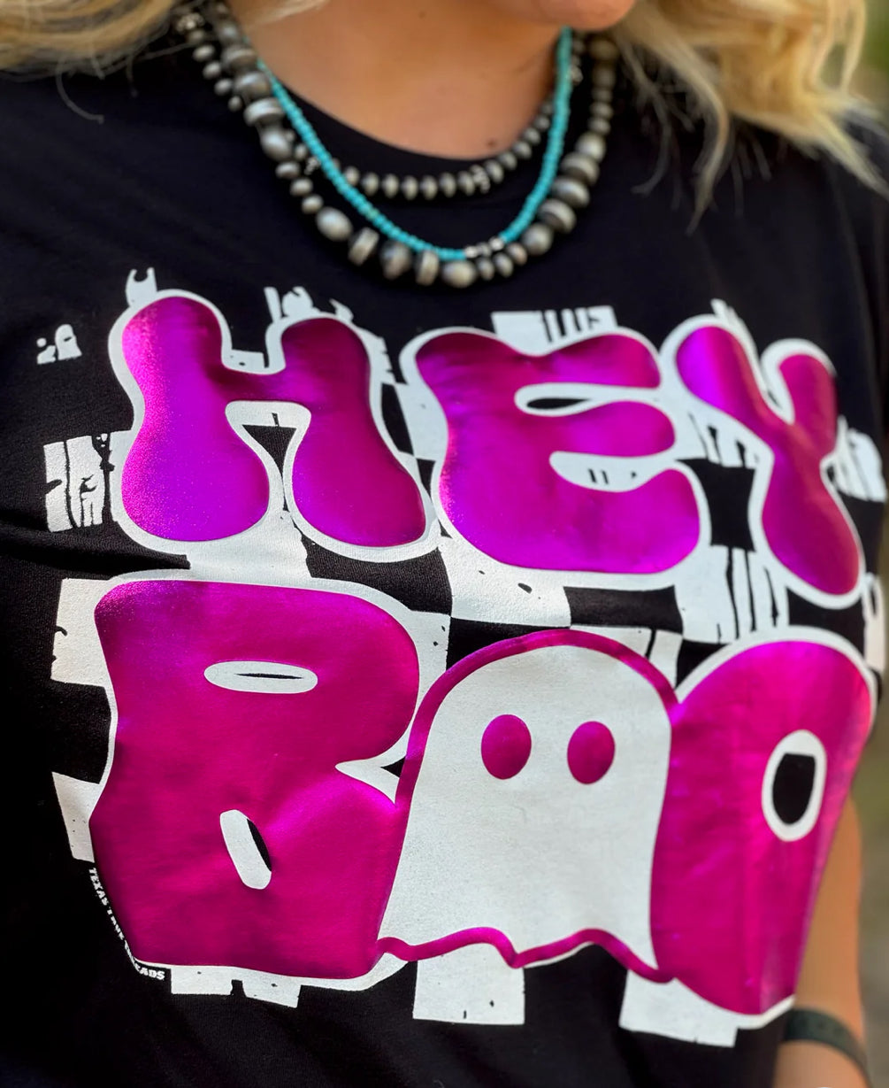 Hey Boo In Pink Metallic Puff Tee