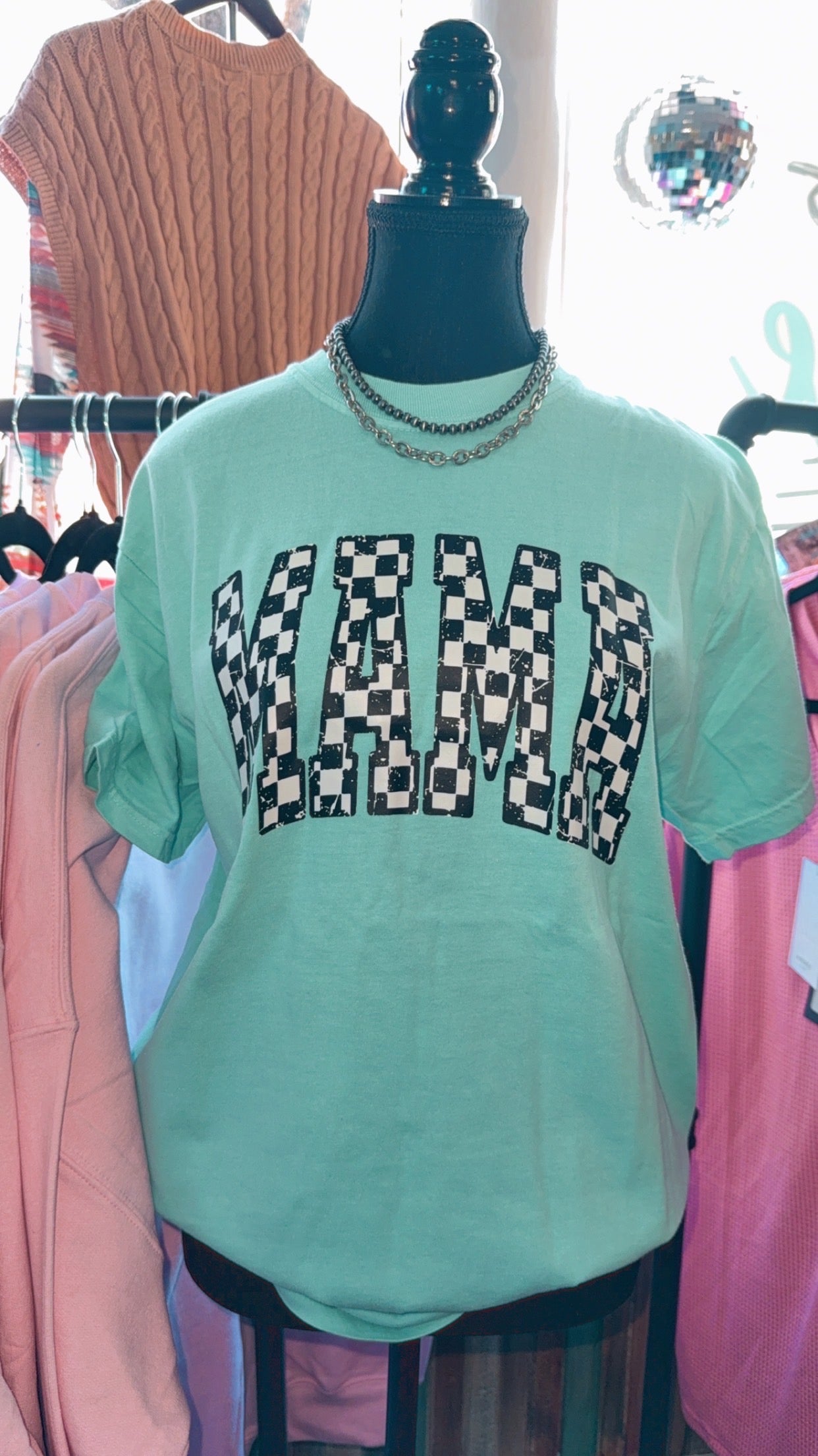 Mama Checkered Varsity Curved Tee - Chalky Mint