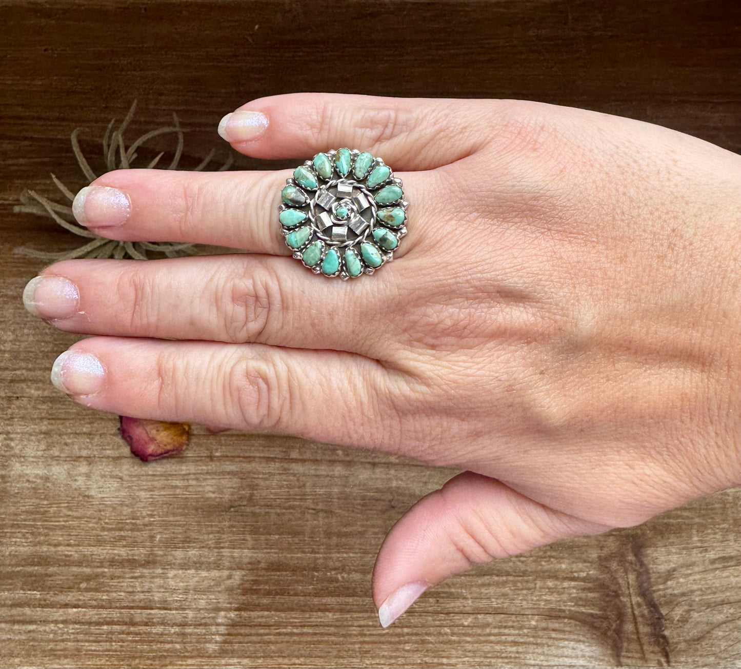 Round Cluster Ring- 2 Sizes Option - Turquoise Ring & Sterling Silver
