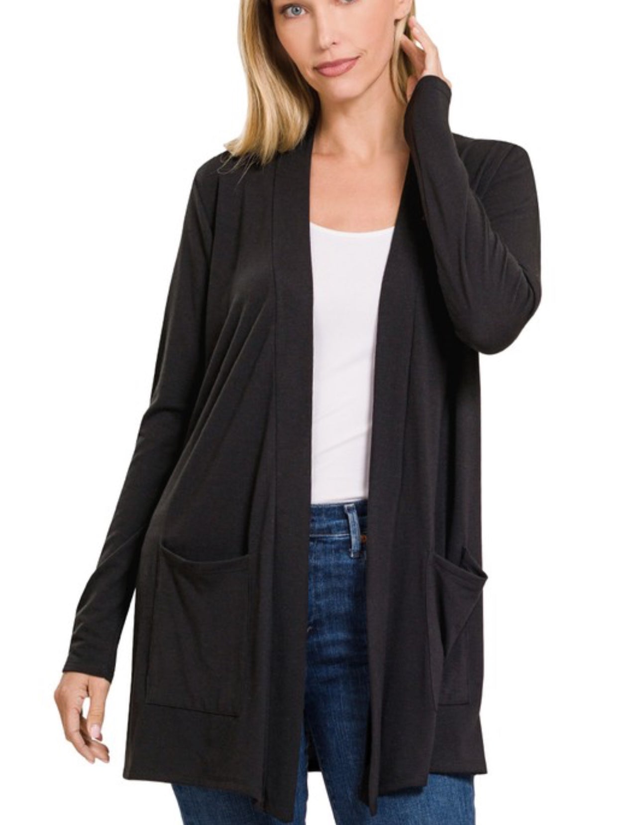 Slouchy Pocket Open Cardigan - Black