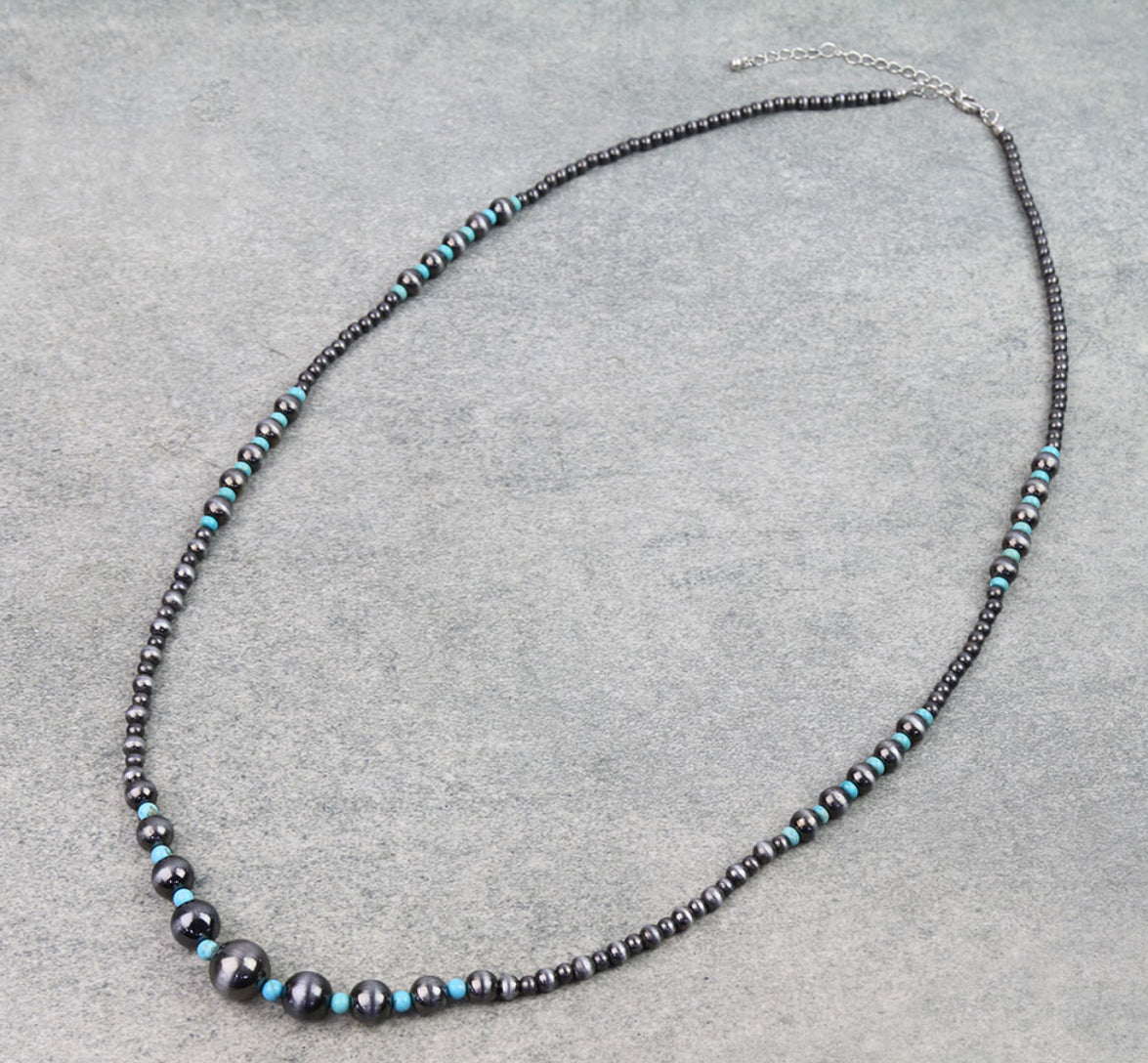 Western Navajo Style Pearl Long Necklace - Silver & Turquoise