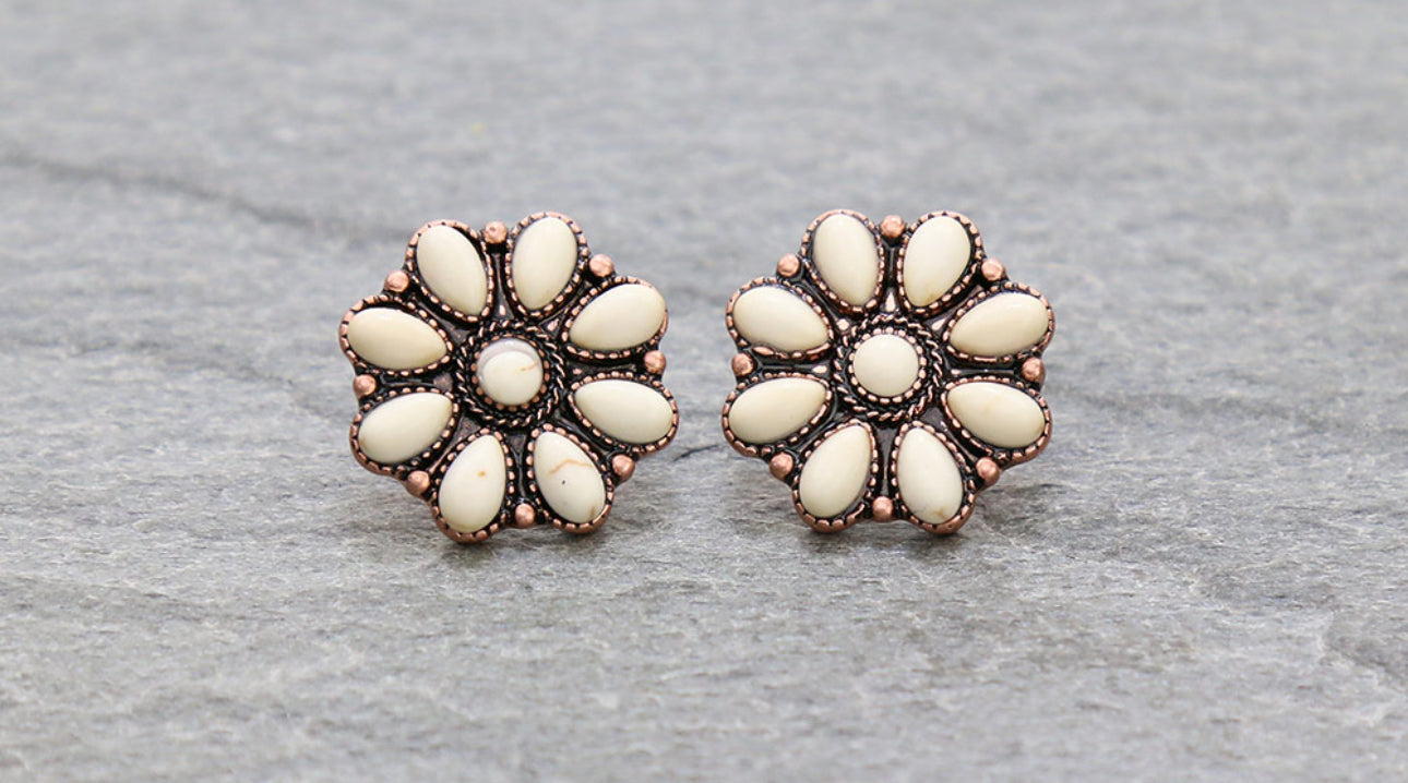 Western Concho Stone Stud Earrings - Copper