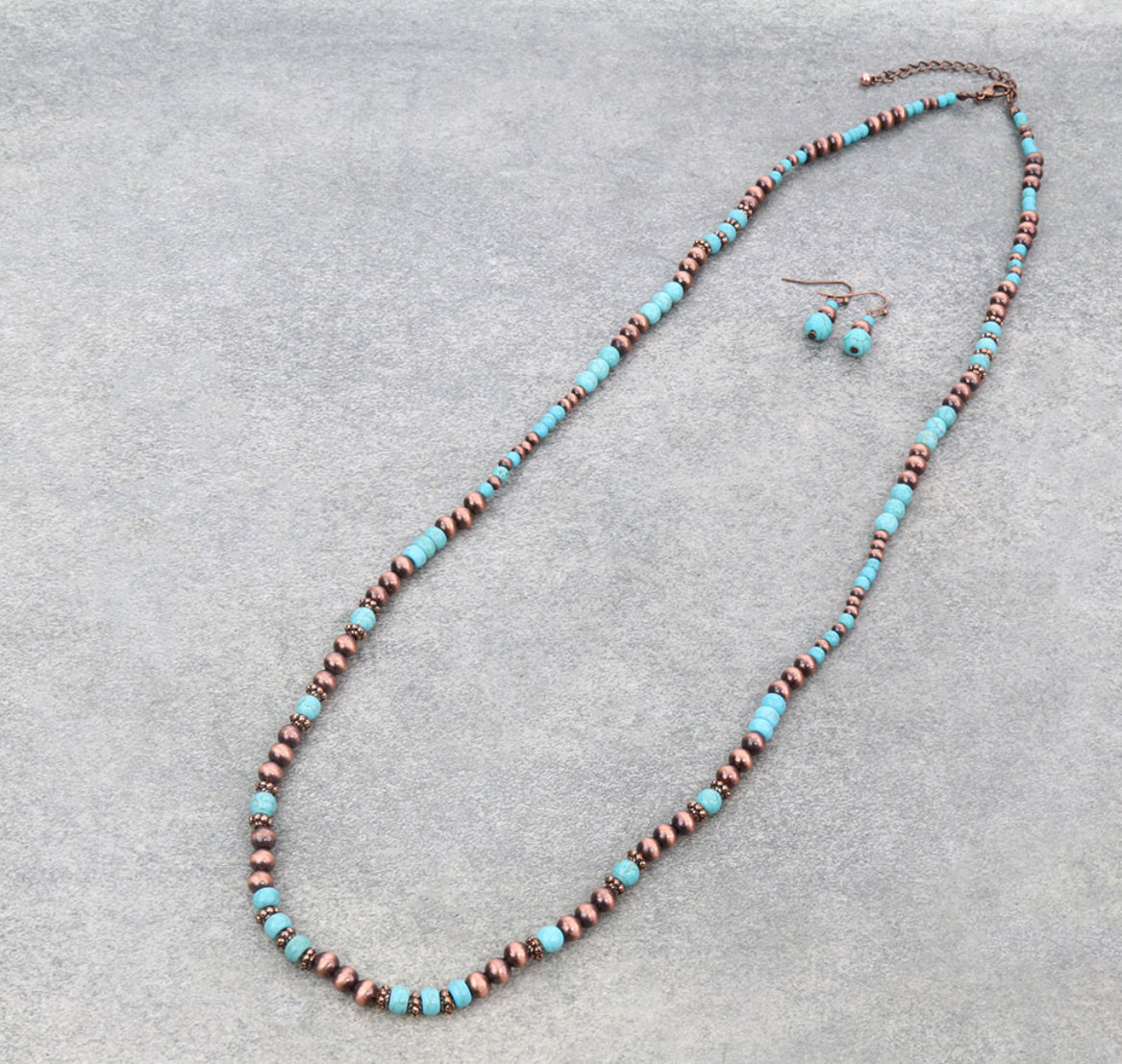 Western Navajo Style Pearl and Bead Necklace Set - Copper