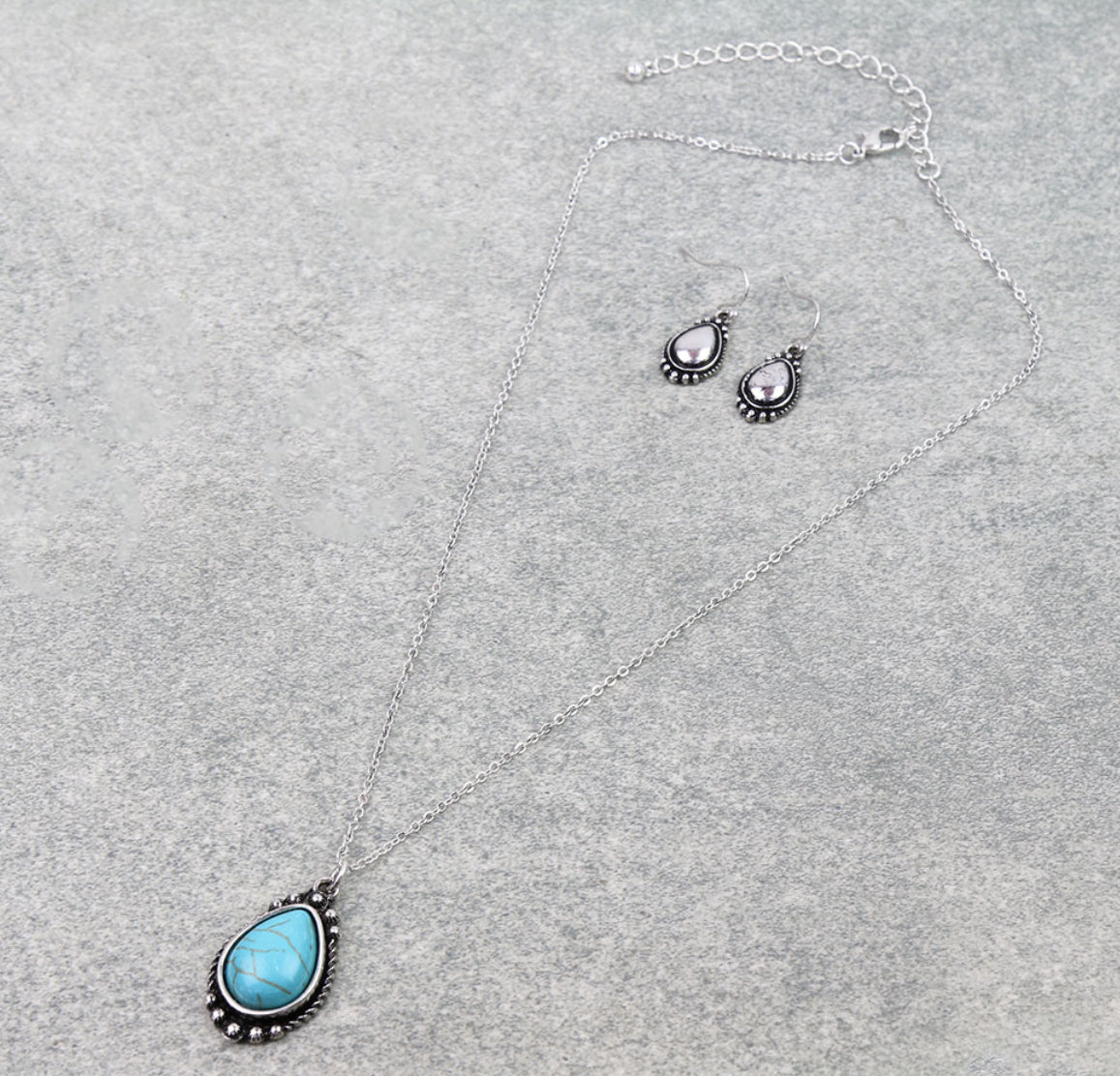 Western Teardrop Stone Necklace Set - Turquoise