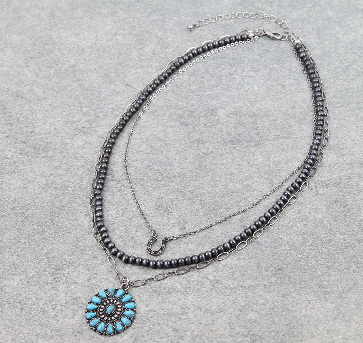 3 Layered Western Concho Stone Necklace