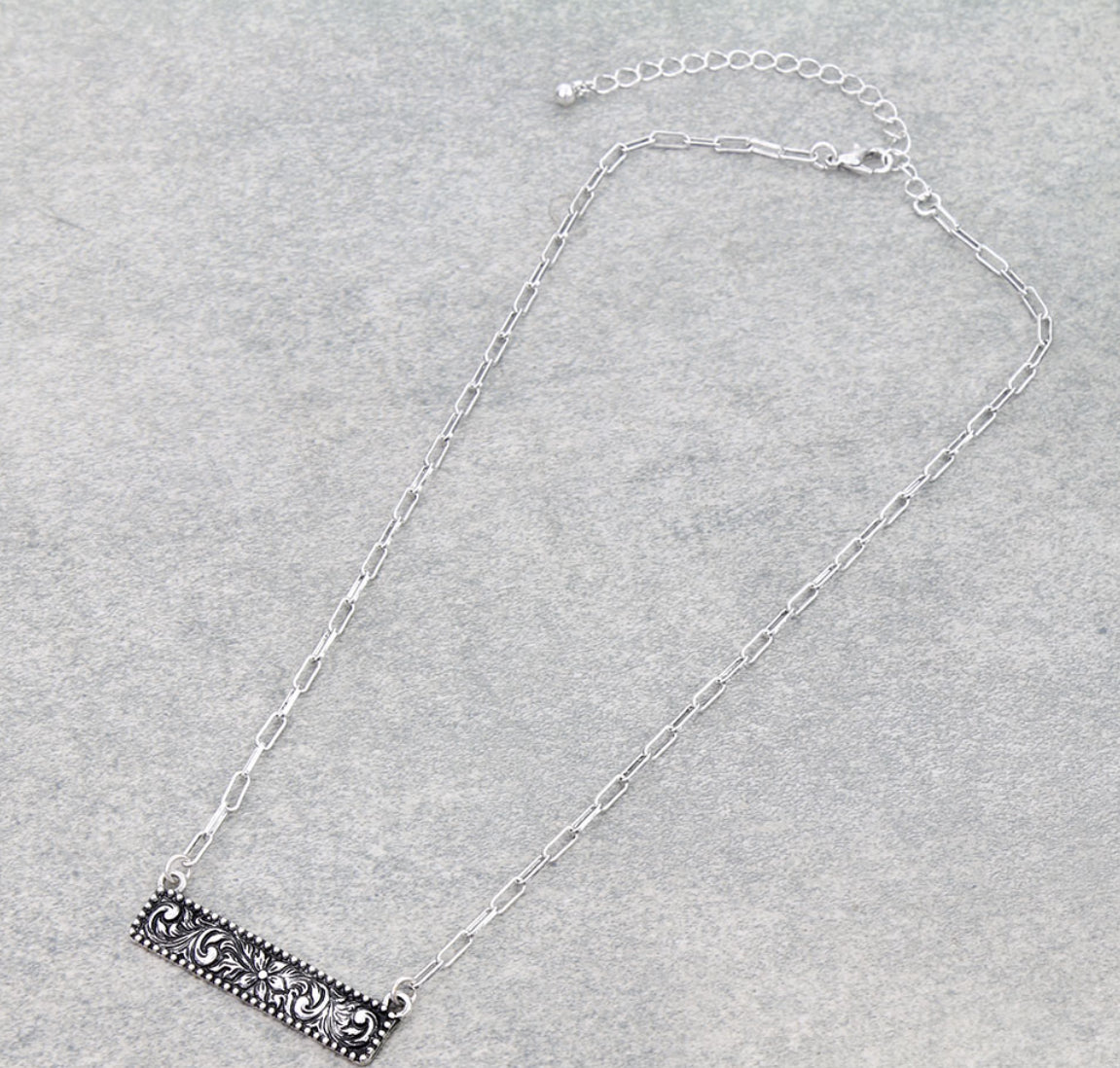 Western Etched Bar Necklace - Silver