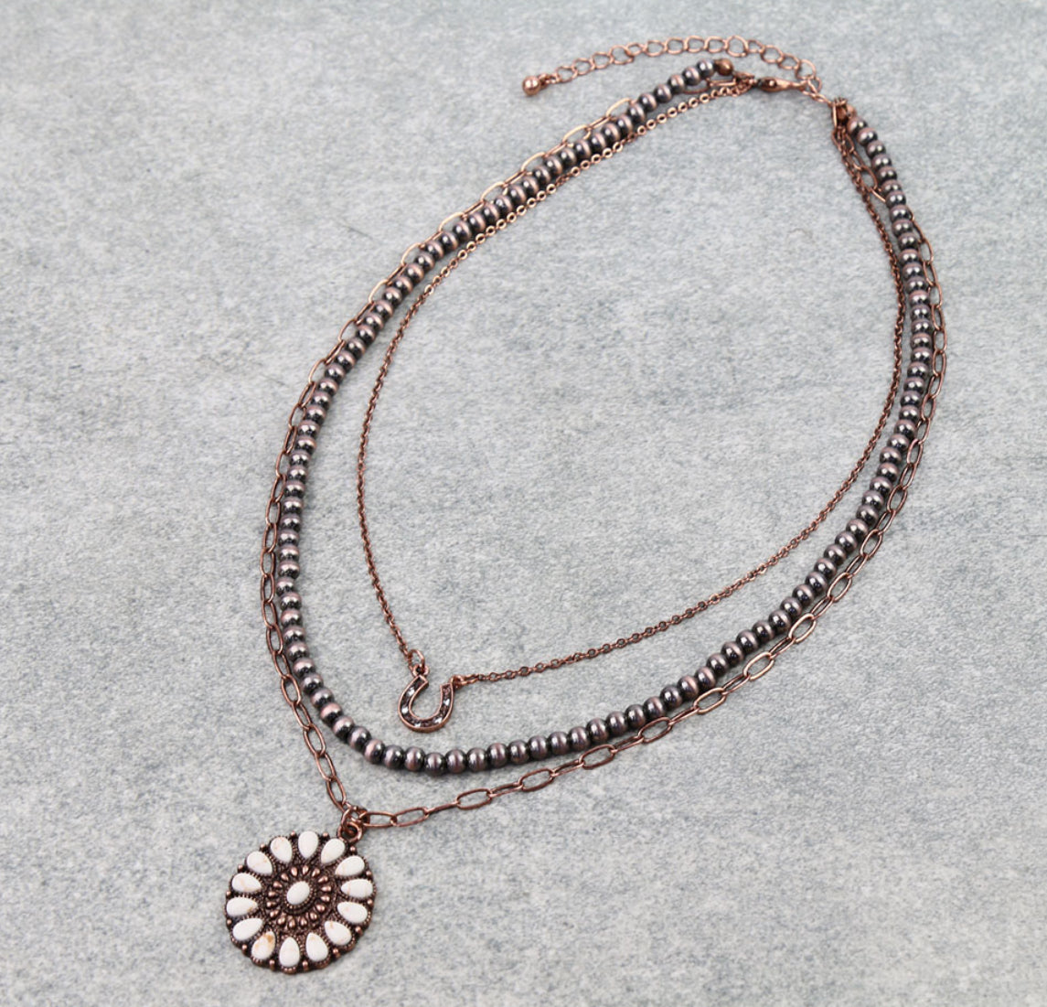 3 Layered Western Concho Stone Necklace - Copper