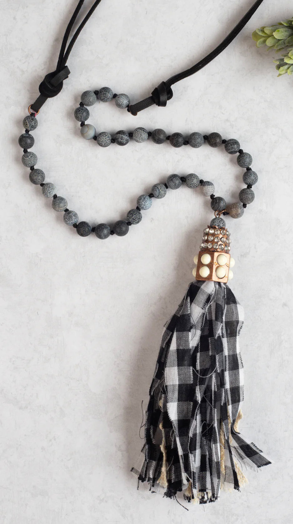 Woven to You Gingham Beaded Tassel Necklace