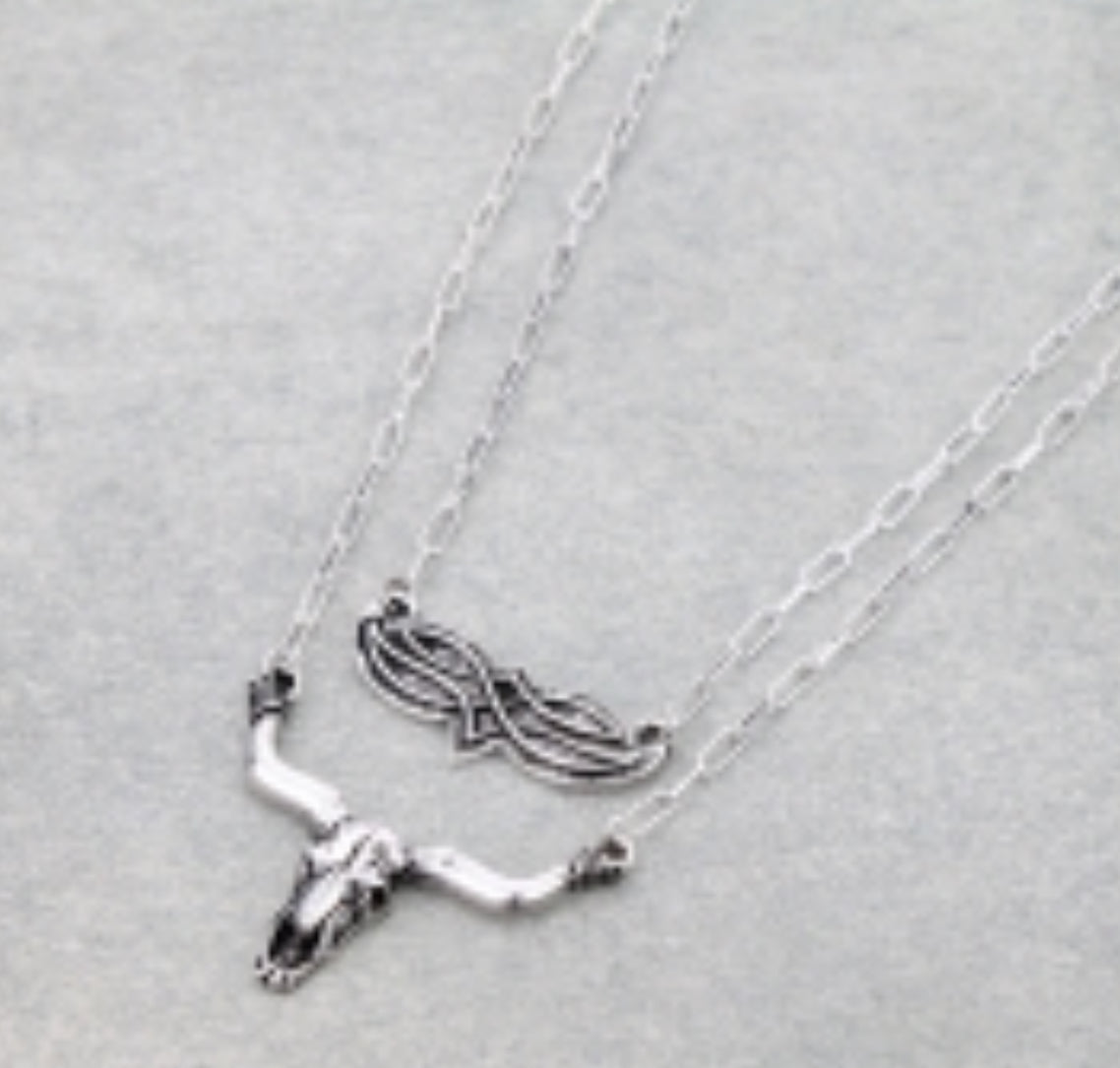 Western Steer Skull Boot Stitch 2 Layered Necklace