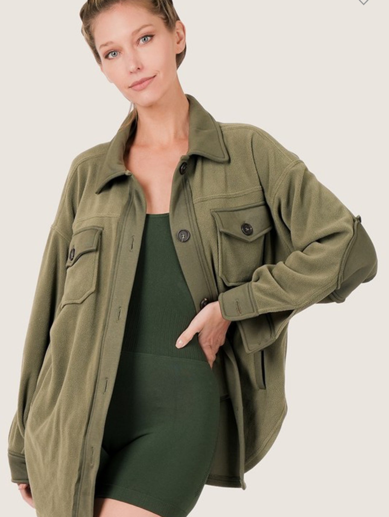 Oversized Basic Fleece Shacket - Olive