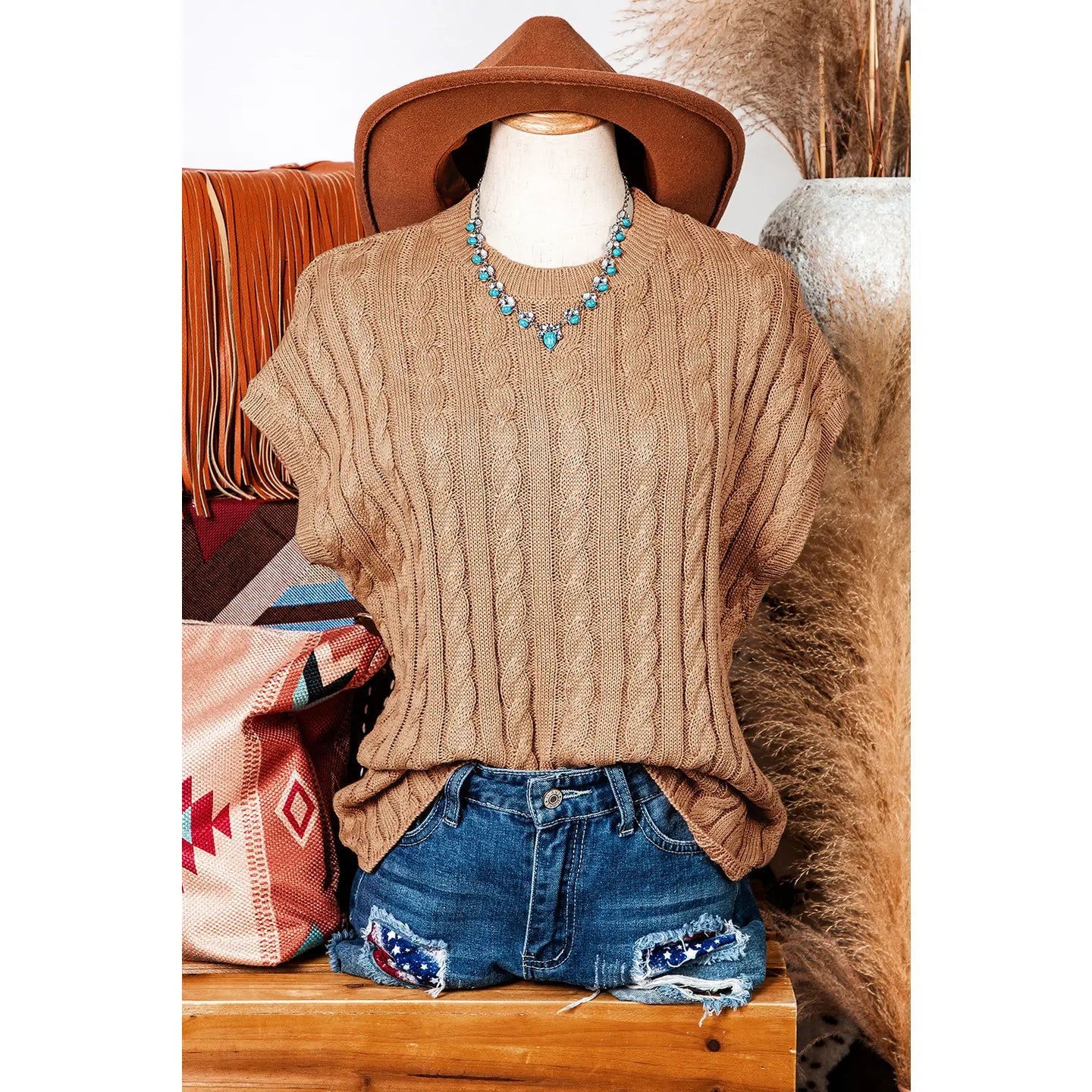 Crew Neck Cable Knit Short Sleeve Sweater - Tan