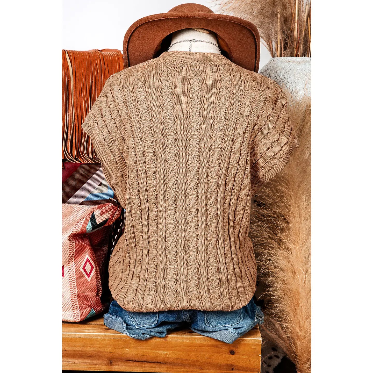 Crew Neck Cable Knit Short Sleeve Sweater - Tan