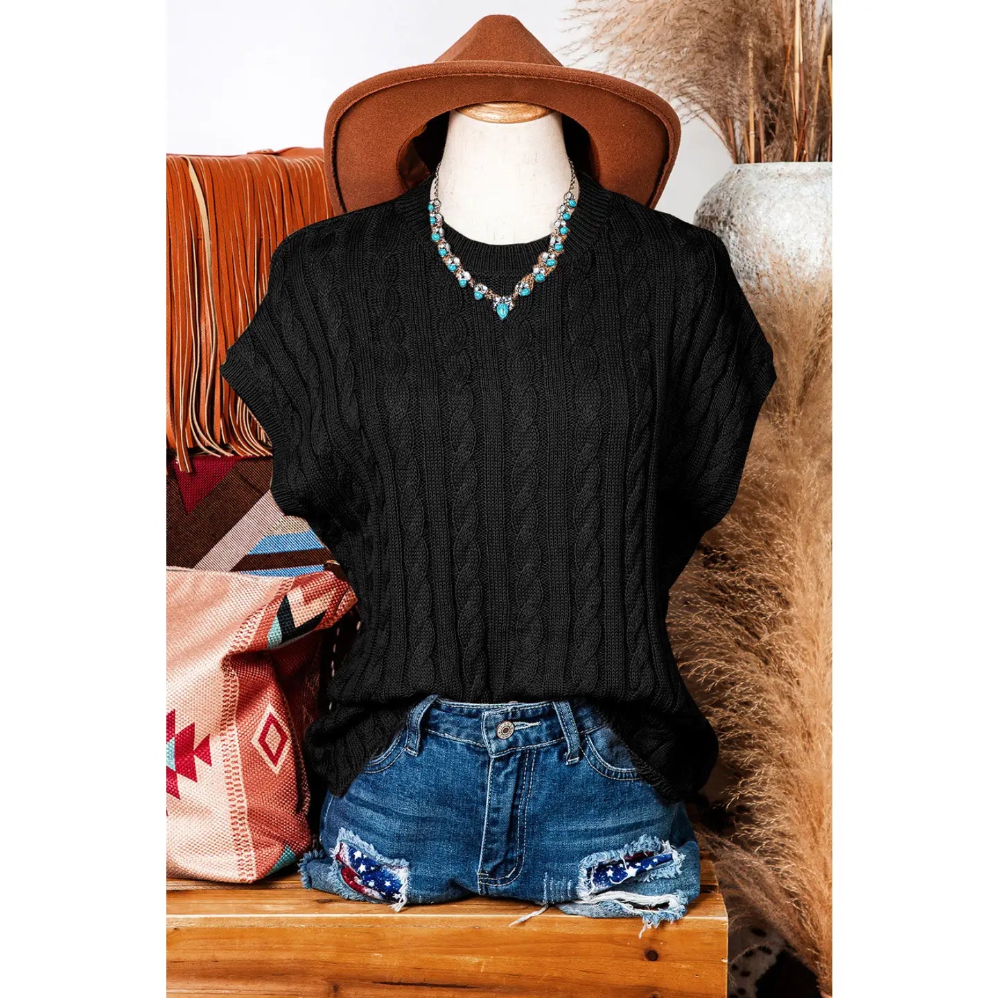 Crew Neck Cable Knit Short Sleeve Sweater - Black