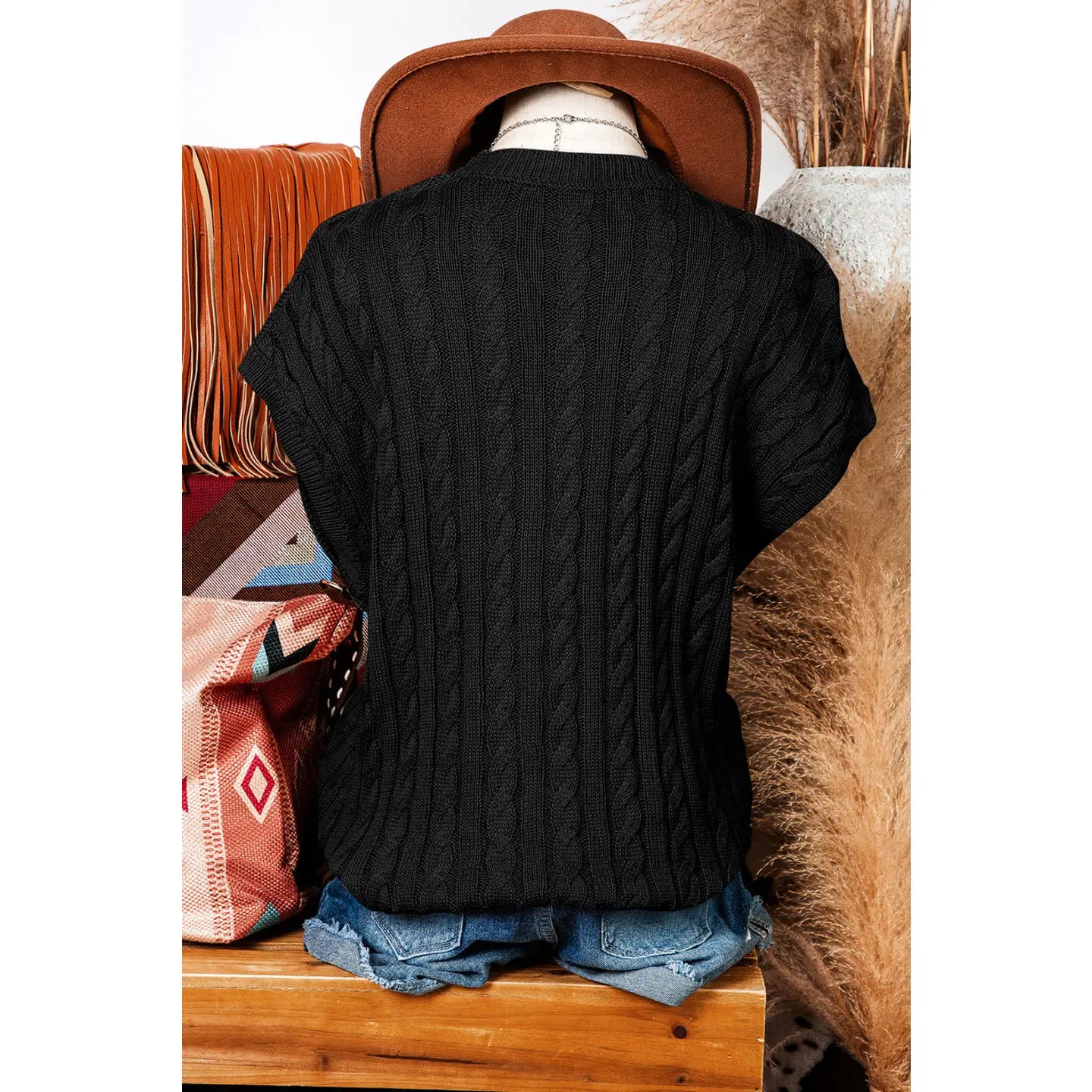 Crew Neck Cable Knit Short Sleeve Sweater - Black