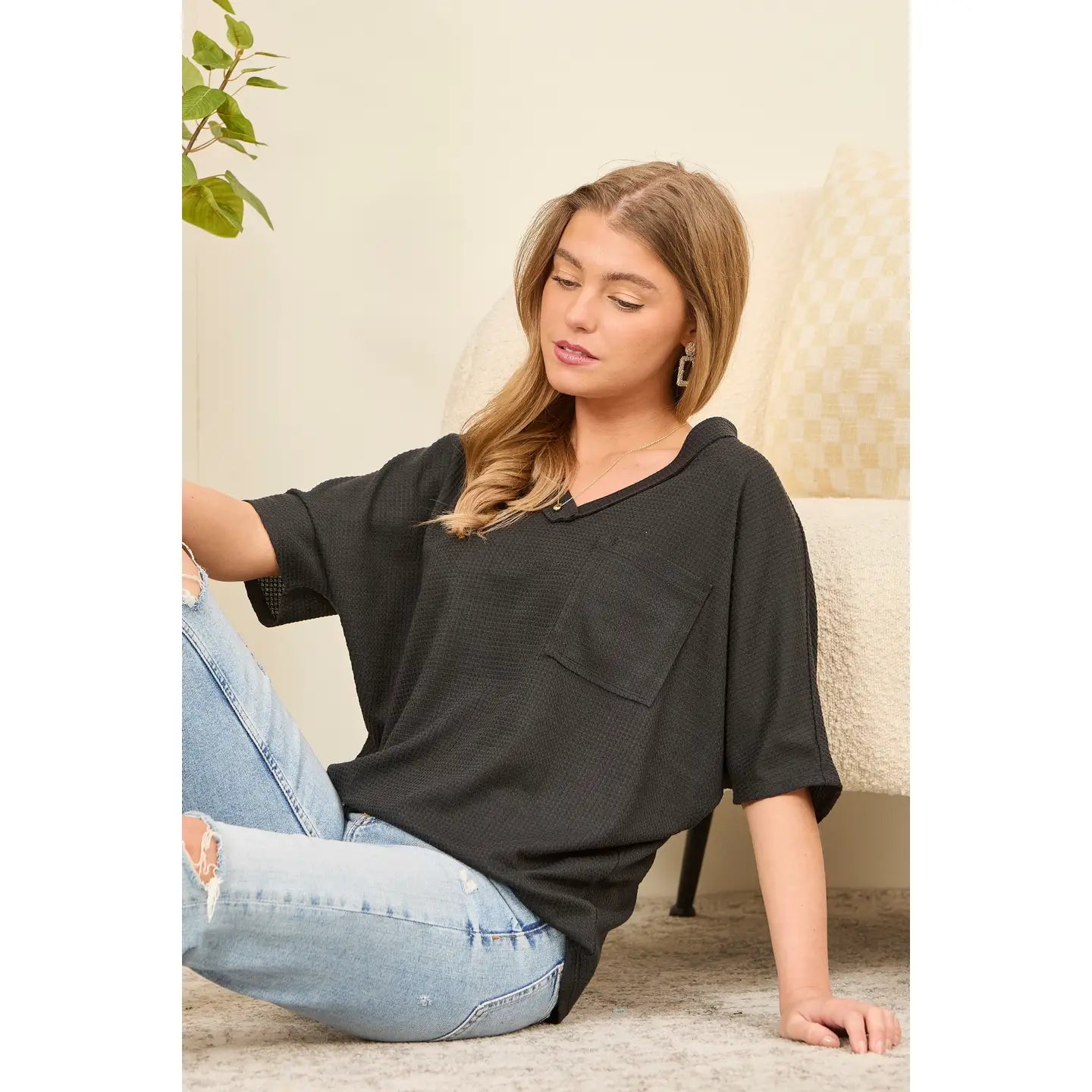 Two Tone Waffle V-Neck Dolman Sleeve Top - Black