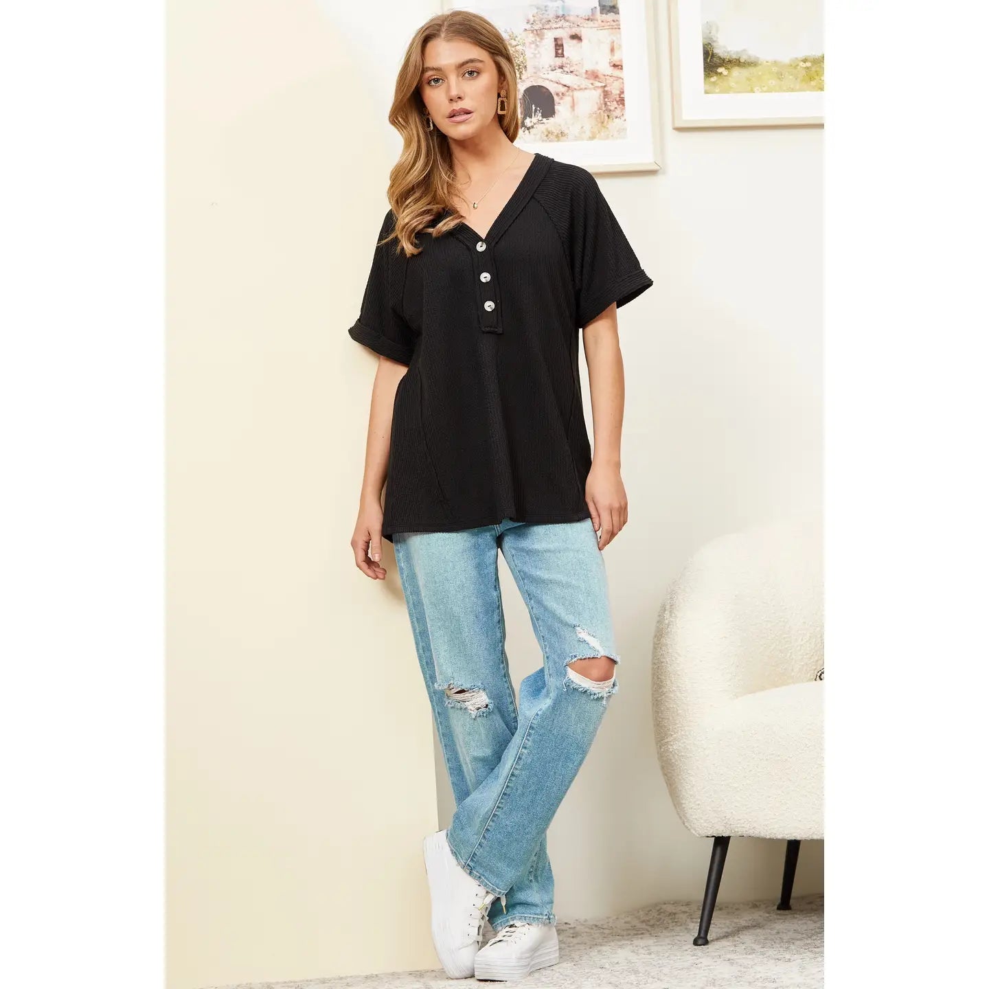 Shirred Knit Blouse - Black