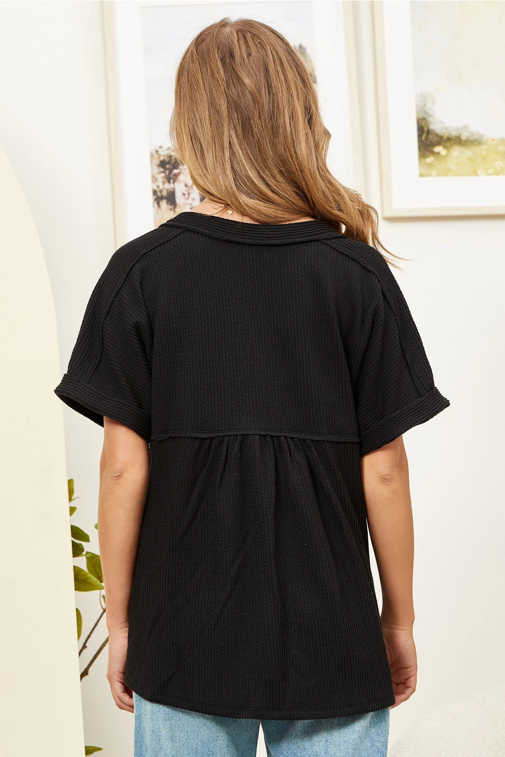 Shirred Knit Blouse - Black