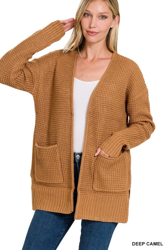 Low Gauge Waffle Open Cardigan Sweater - Deep Camel