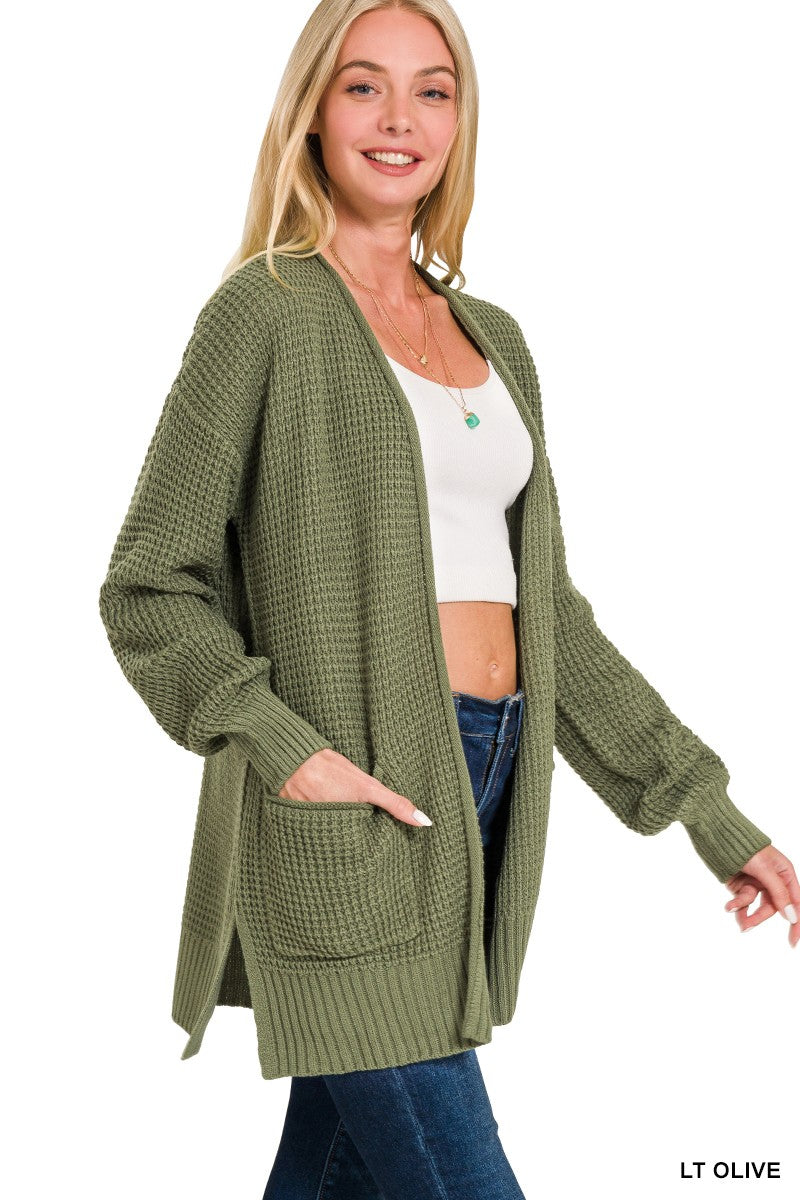 Low Gauge Waffle Open Cardigan Sweater - Light Olive
