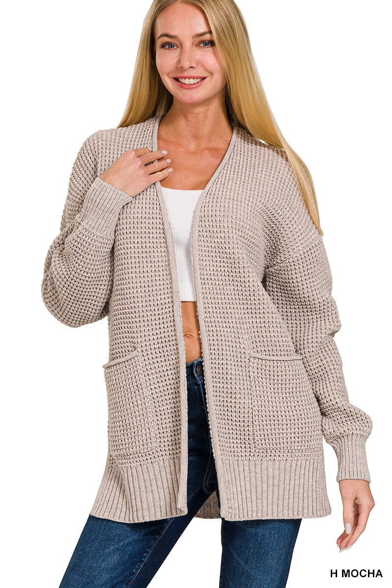 Low Gauge Waffle Open Cardigan Sweater - Heather Mocha