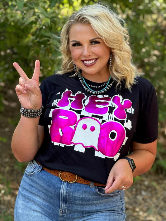 Hey Boo In Pink Metallic Puff Tee