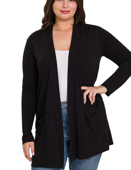 Slouchy Pocket Open Cardigan - Black