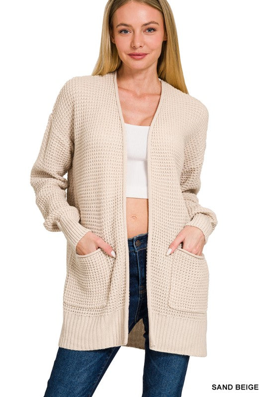 Low Gauge Waffle Open Cardigan Sweater - Sand Beige