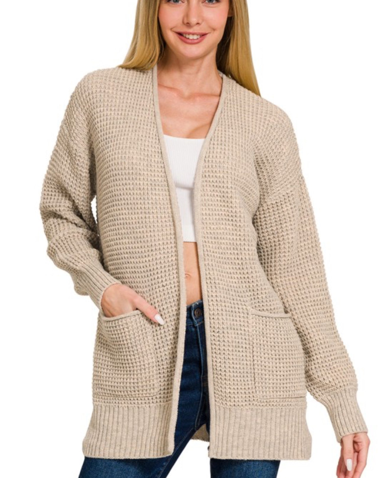 Low Gauge Waffle Open Cardigan Sweater - Heather Beige