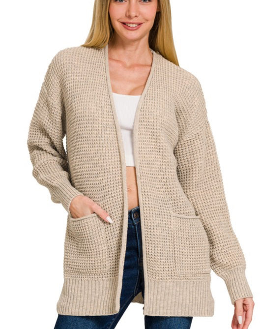 Low Gauge Waffle Open Cardigan Sweater - Heather Beige