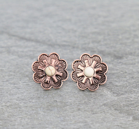Western Concho Stone Stud Earrings - Copper