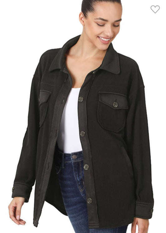 Oversized Basic Fleece Shacket - Black