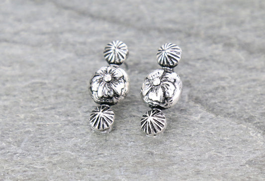 1″ Flower with Concho Casting Stud Earrings - Silver