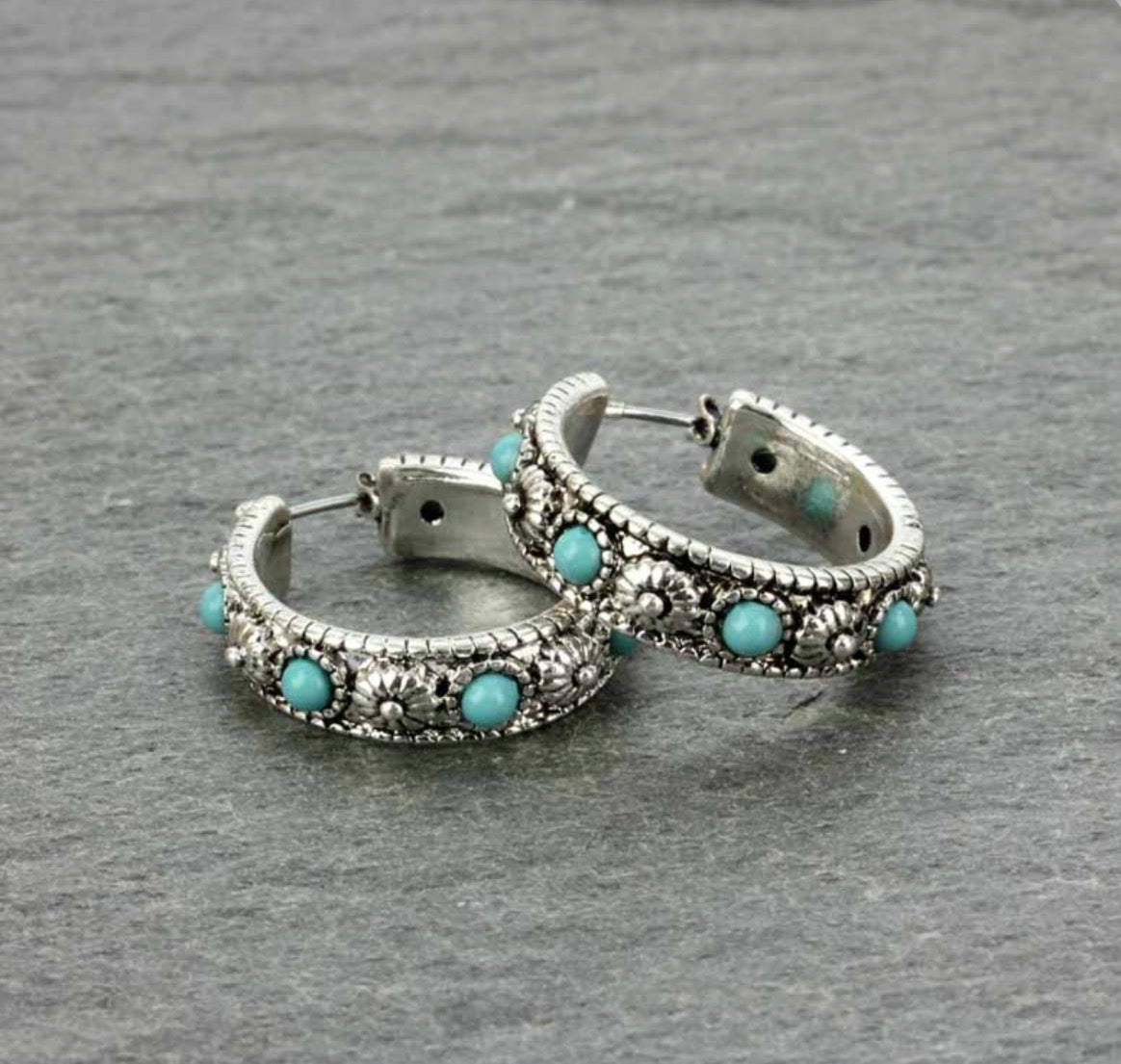 Turquoise Bead Hoop Earrings - Turquoise & Silver