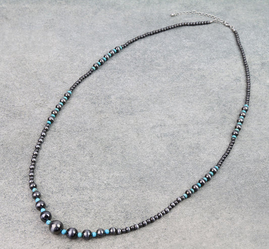 Western Navajo Style Pearl Long Necklace - Silver & Turquoise