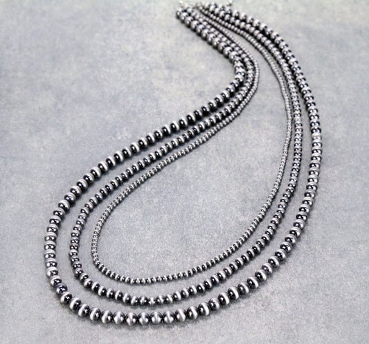 Multi Layered Navajo Style Bead Necklace - Silver