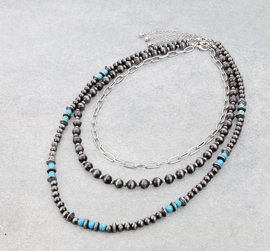 3 Layer Navajo Style Pearl, Bead & Chain Necklace