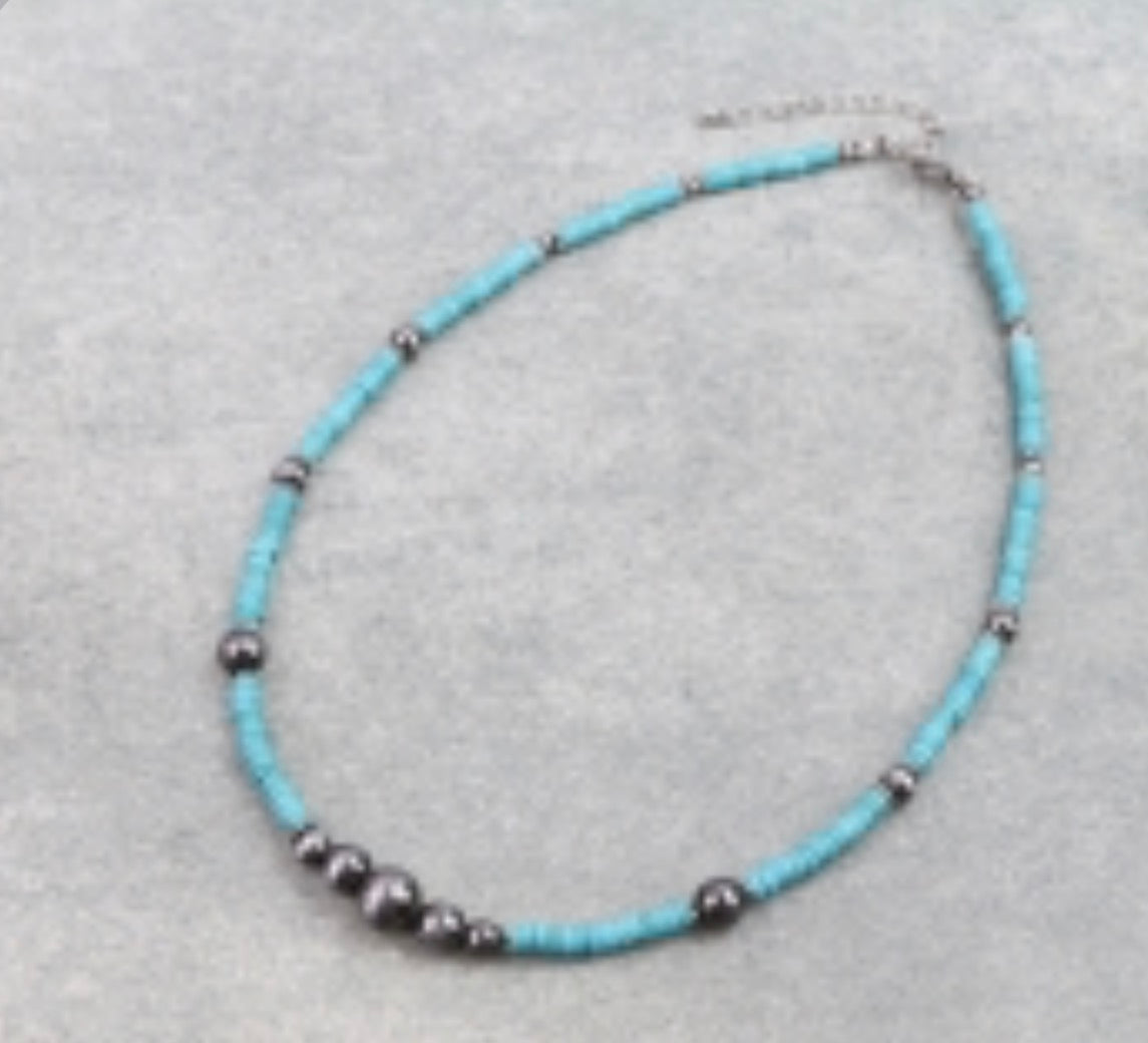 Navajo Style Pearl & TQ Bead Necklace