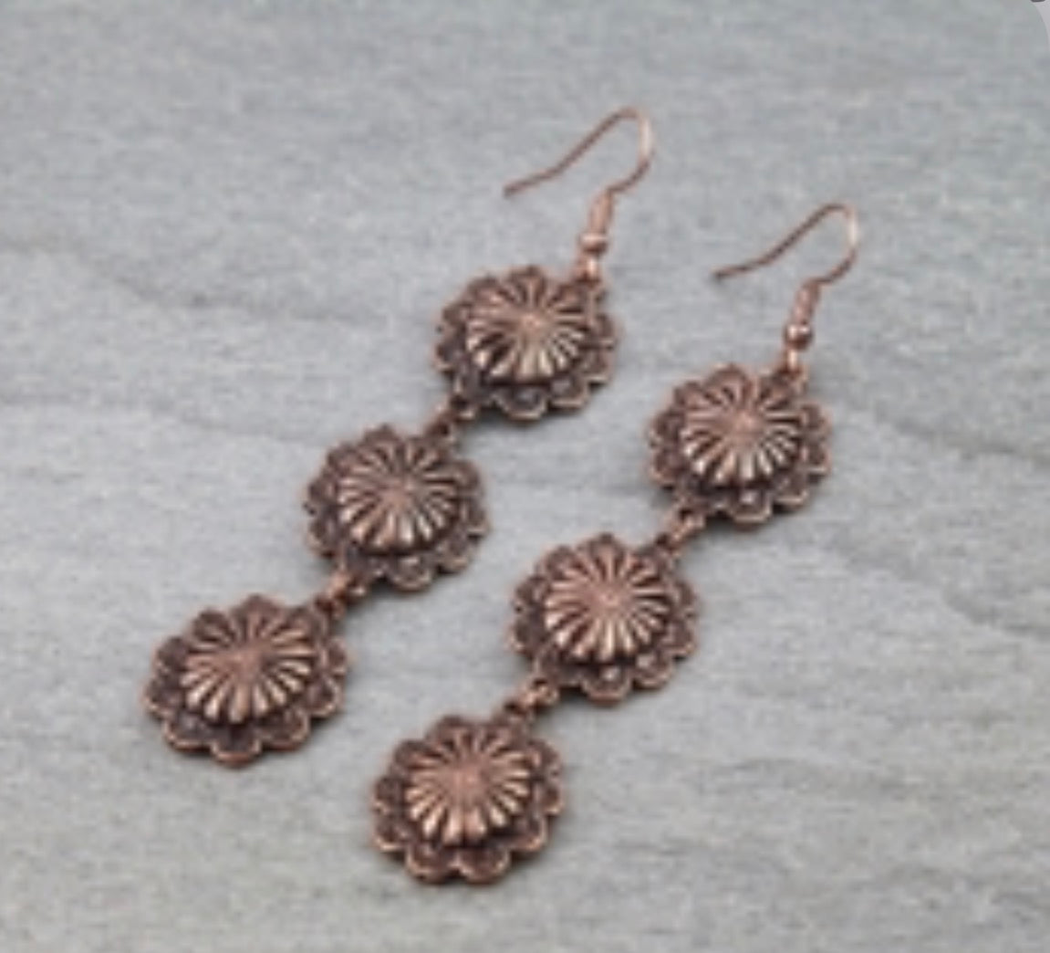 Western Concho Drop Dangle Earrings - Copper