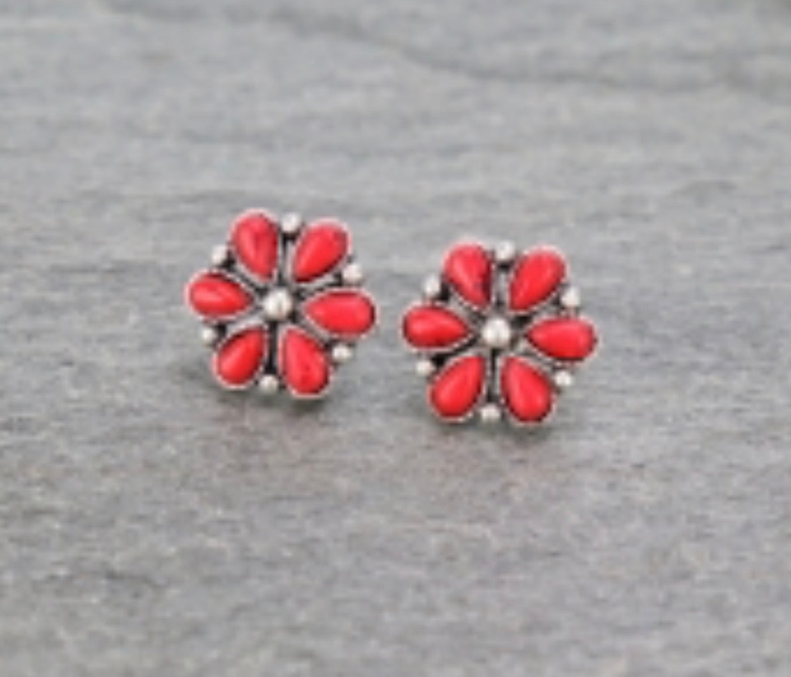 Western Cluster Stone Stud Earrings - Red