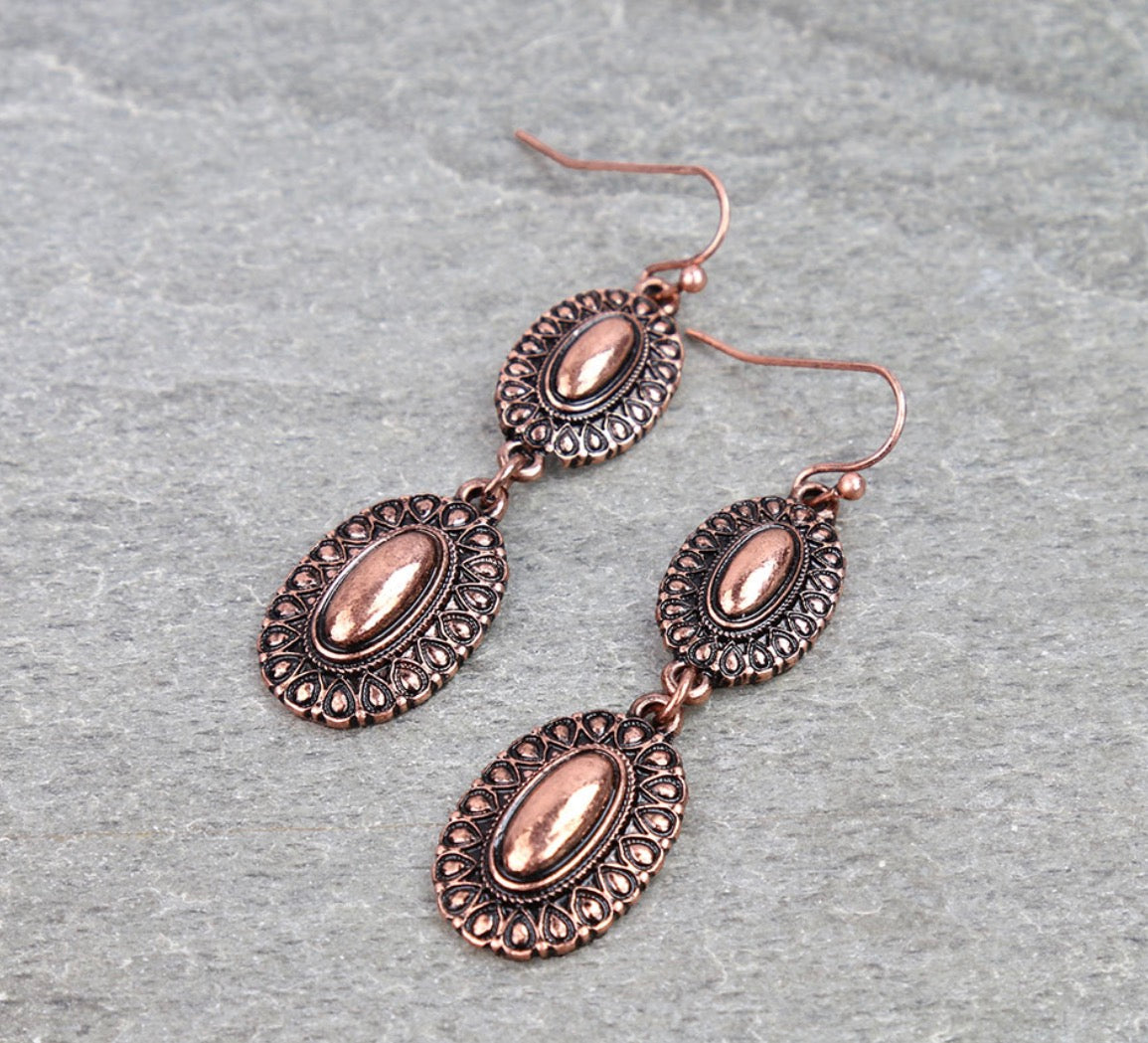 Western Concho Metal Dangle Earrings - Copper