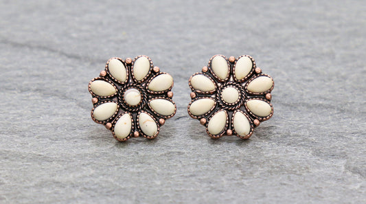 Western Concho Stone Stud Earrings - Copper