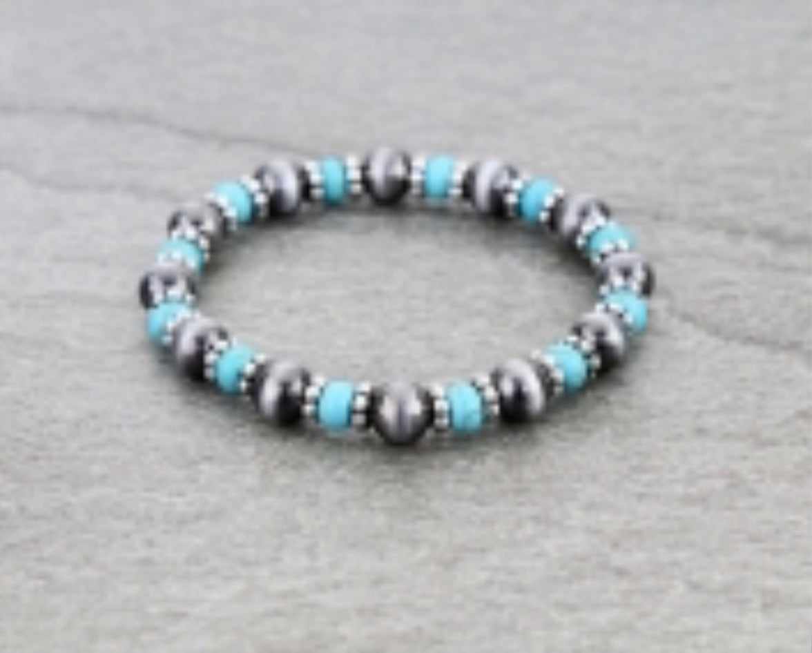 Navajo Style Pearl & Bead Stretch Bracelet - Turquoise