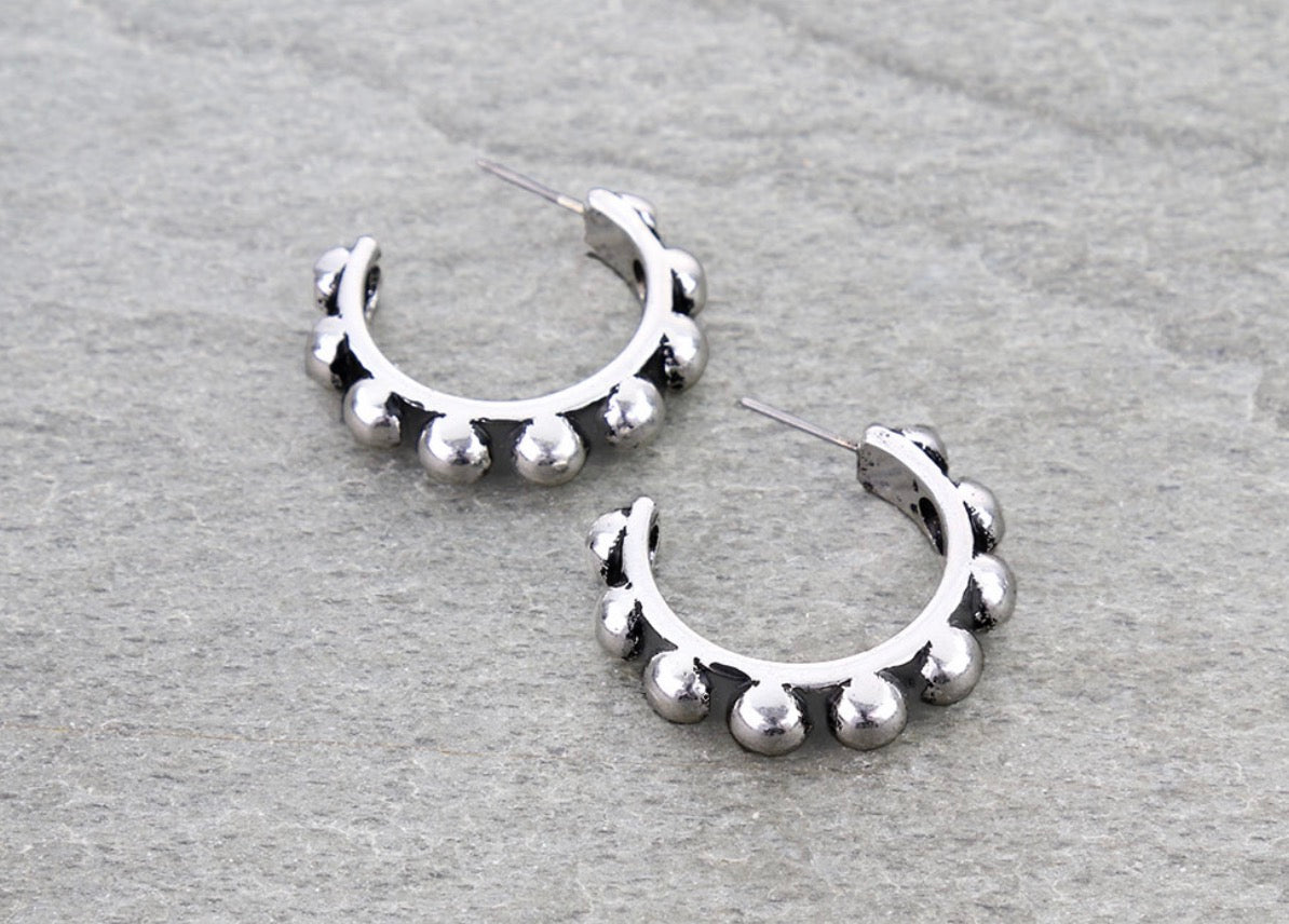 Western Bubble Ball Hoop Earrings - Silver