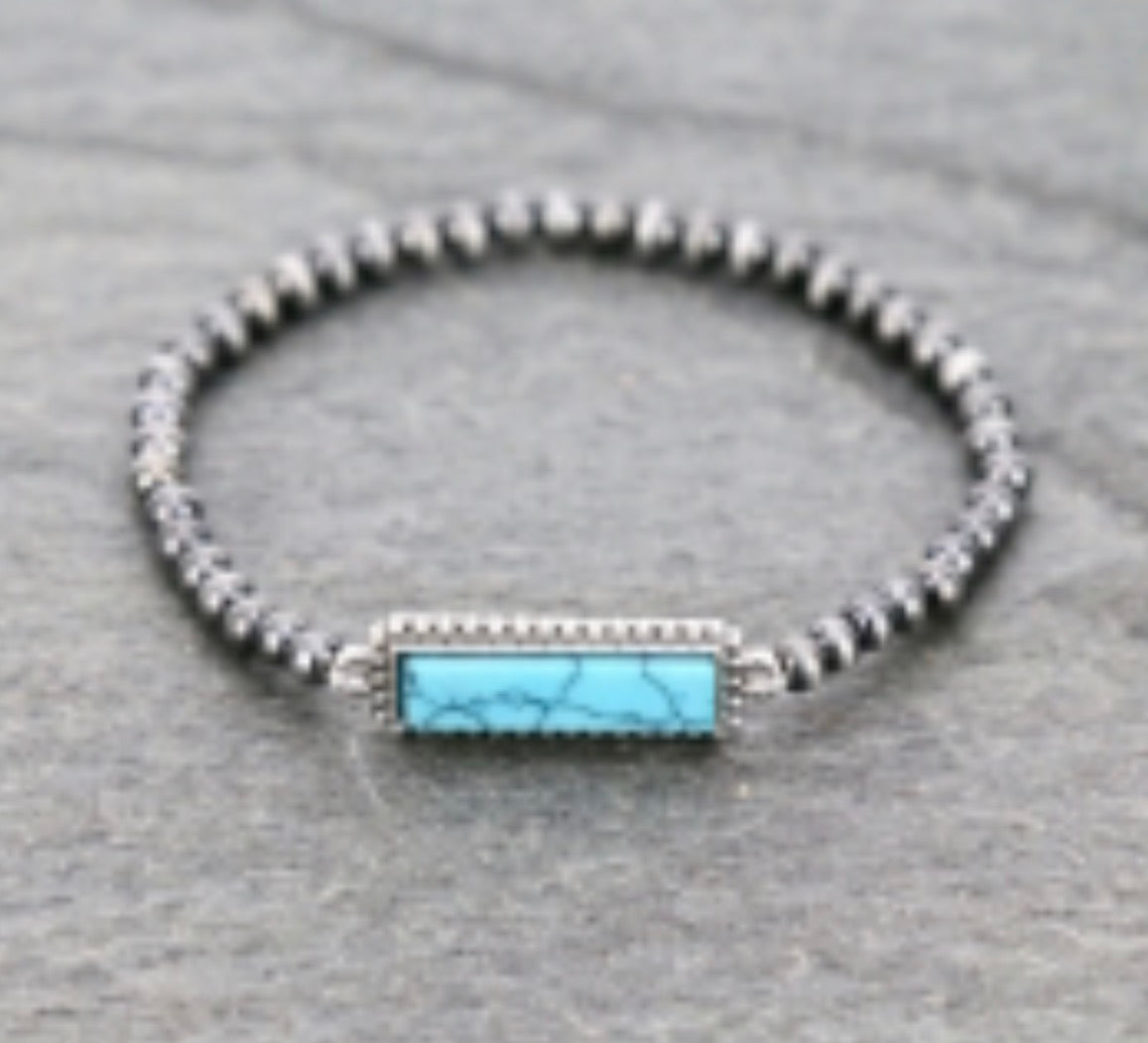 Navajo Style Pearl Bead with Stone Stretch Bracelet - Turquoise