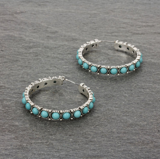 1.5″ Navajo Style Texture Hoop Earrings - Turquoise