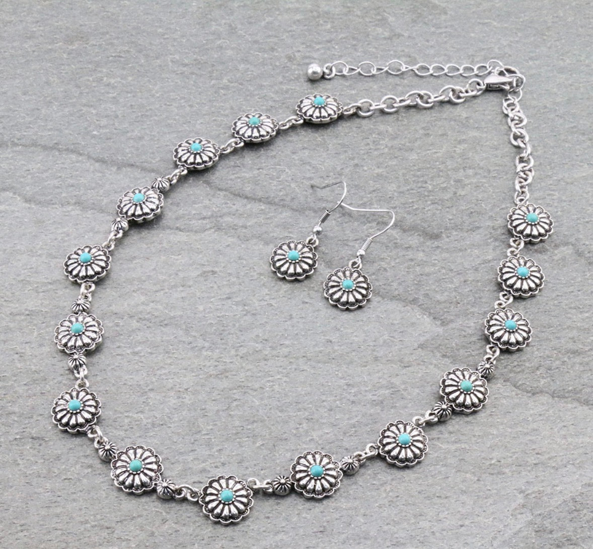 Western Concho Statement Necklace Set - Turquoise