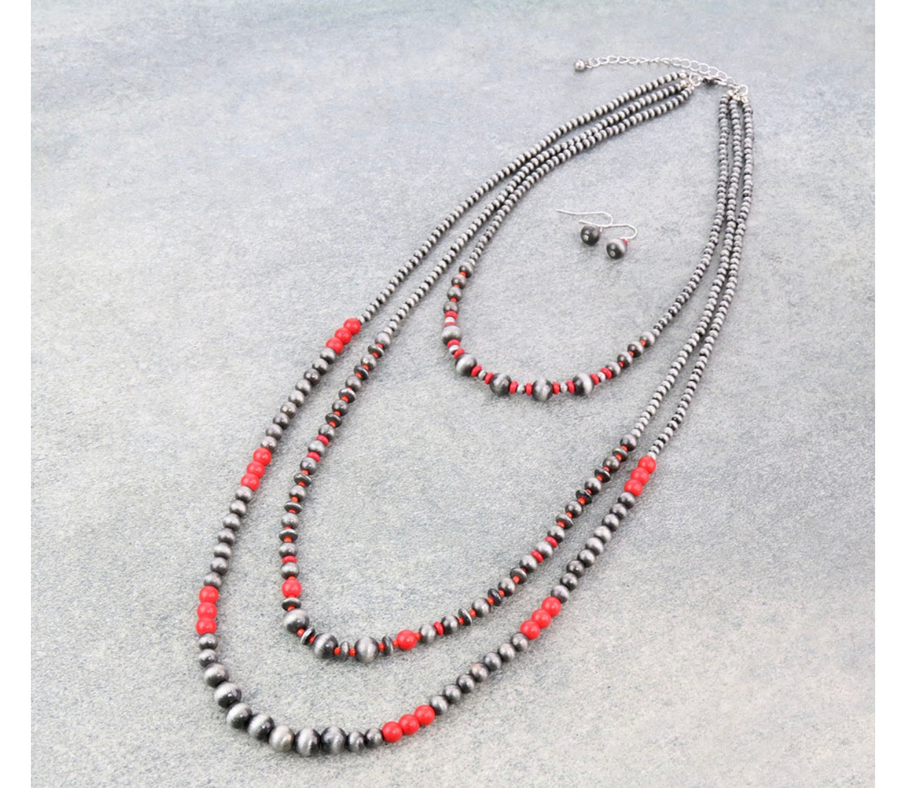 Multi Layered Navajo Style Pearl Necklace Set - Red