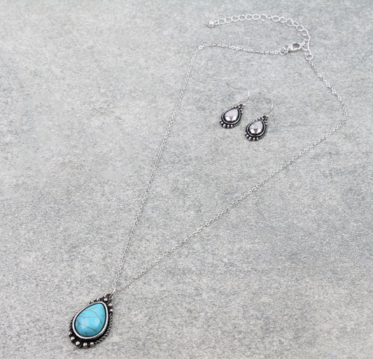 Western Teardrop Stone Necklace Set - Turquoise