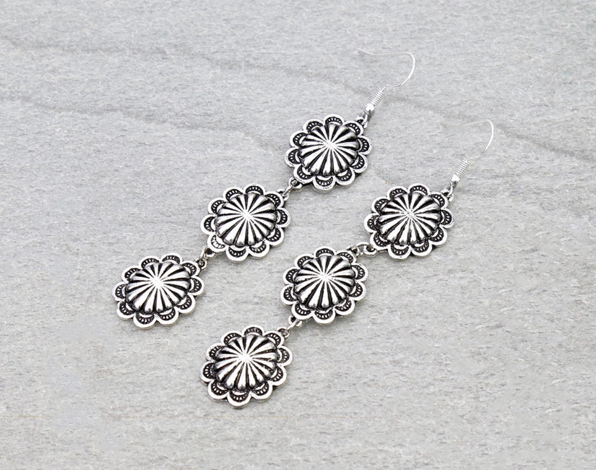 Western Concho Drop Dangle Earrings - Silver