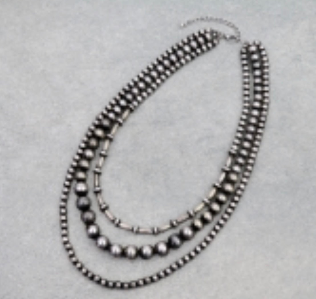 Multi Layered Navajo Style Pearl Necklace - Silver